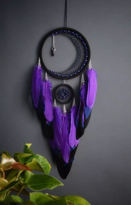 Purple Crescent Moon Dream Catcher with Amethyst Crystal