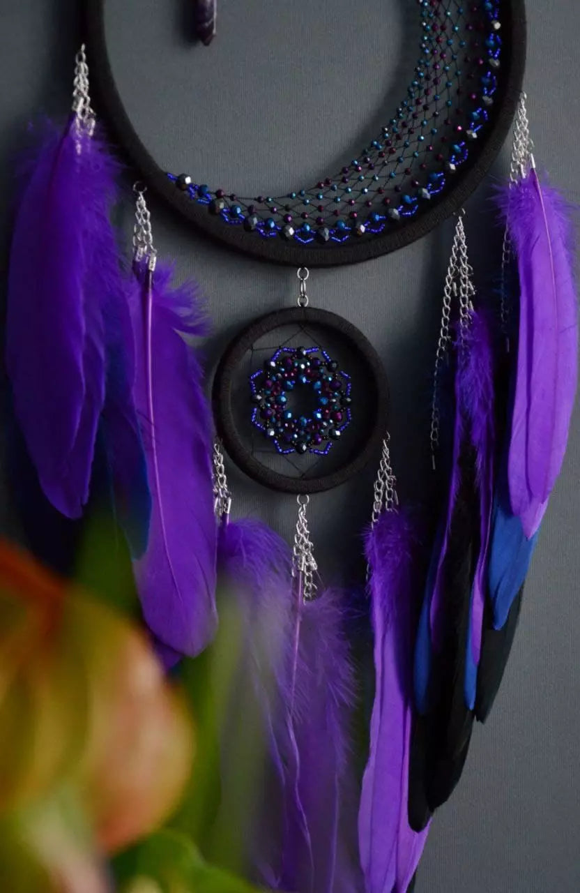 Purple Crescent Moon Dream Catcher with Amethyst Crystal