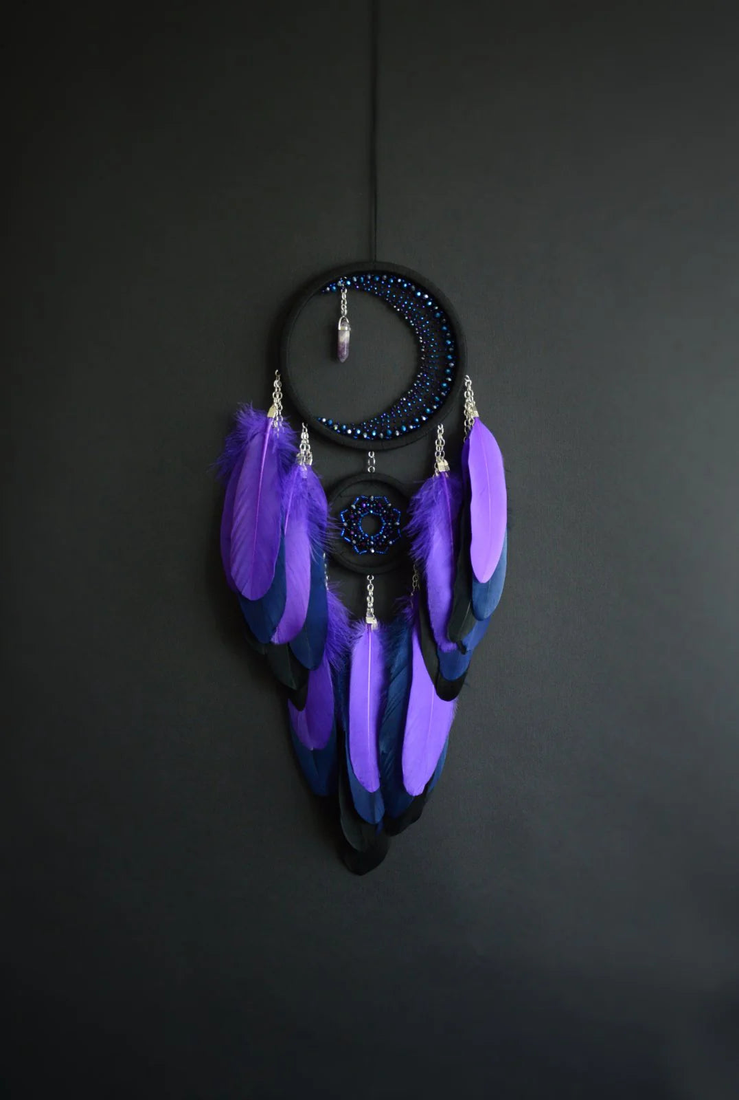 Purple Crescent Moon Dream Catcher with Amethyst Crystal