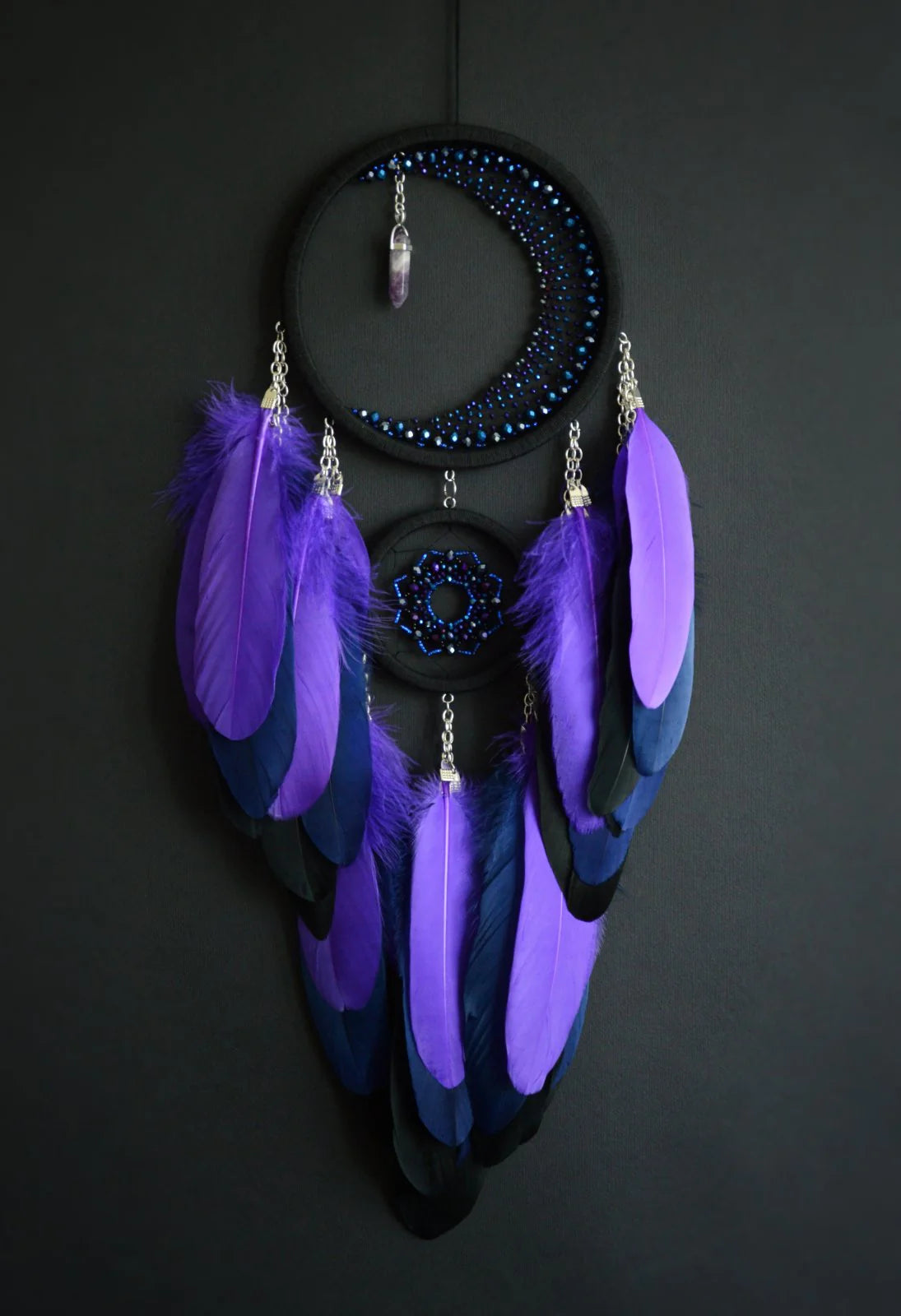 Purple Crescent Moon Dream Catcher with Amethyst Crystal