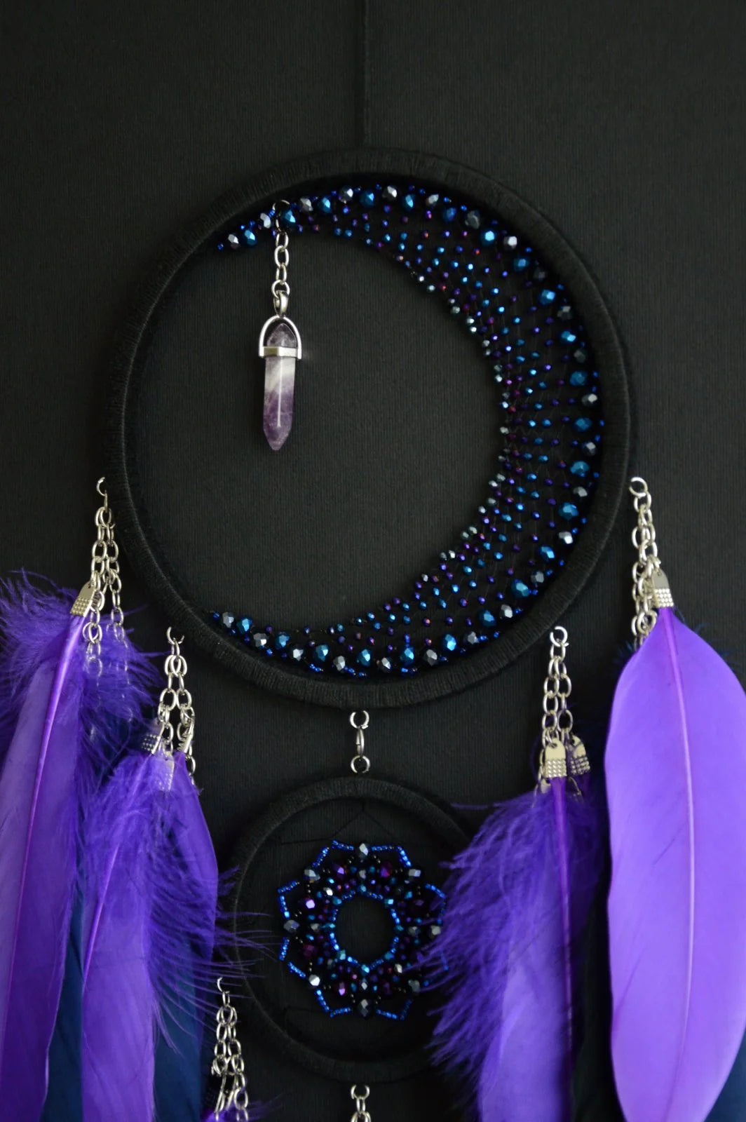 Purple Crescent Moon Dream Catcher with Amethyst Crystal