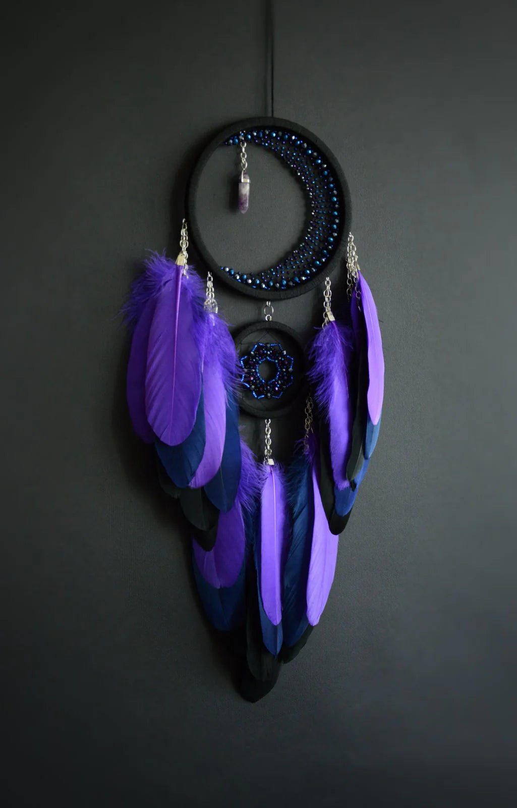 Purple Crescent Moon Dream Catcher with Amethyst Crystal