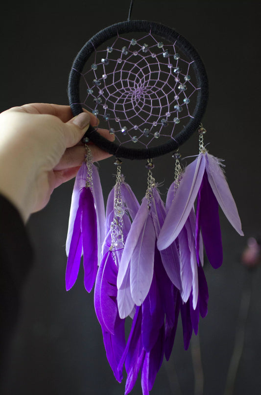 Purple Dreamcatcher with Feathers and Beads, Handmade Boho Wall Decor for Bedroom or Living Room, Dream Catcher Gift for Color Therapy