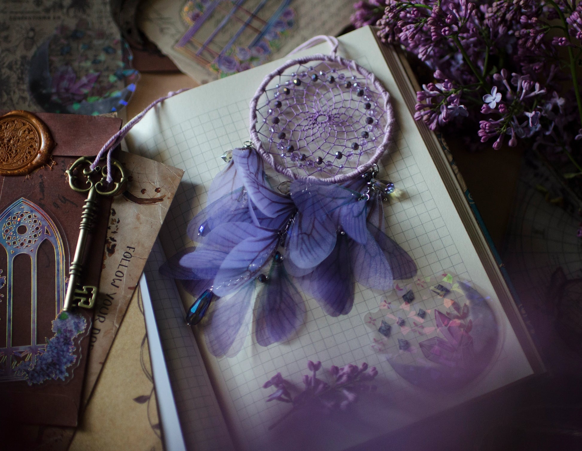 Purple Dream Catcher Butterfly Car Rearview Mirror Charm