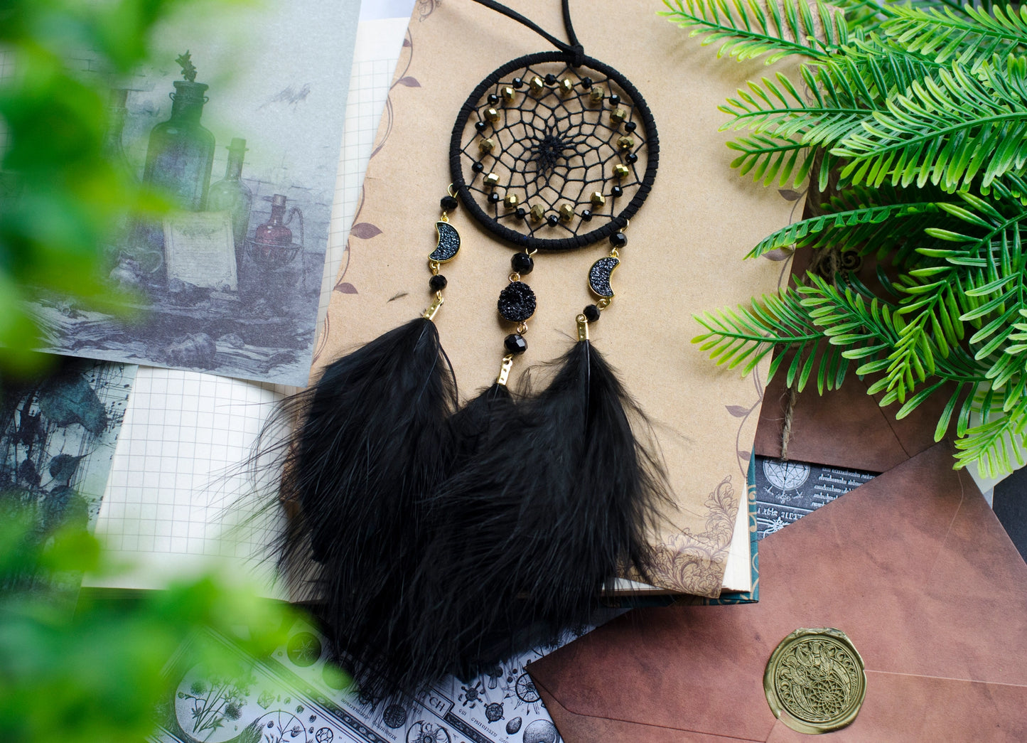 Small Black Dreamcatcher Car Rearview Mirror Hanger with Triple Moon Charms