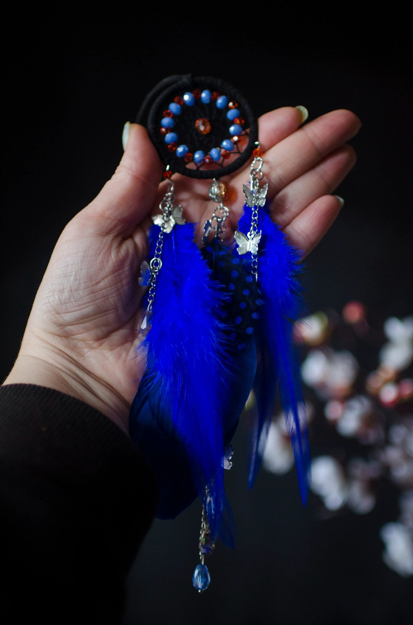 Blue Black Orange Dream Catcher with Butterfly Charms