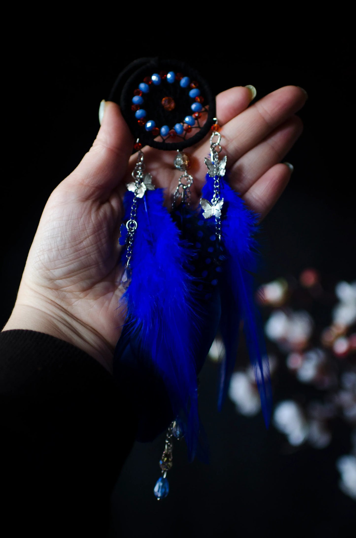 Blue Black Orange Dream Catcher with Butterfly Charms