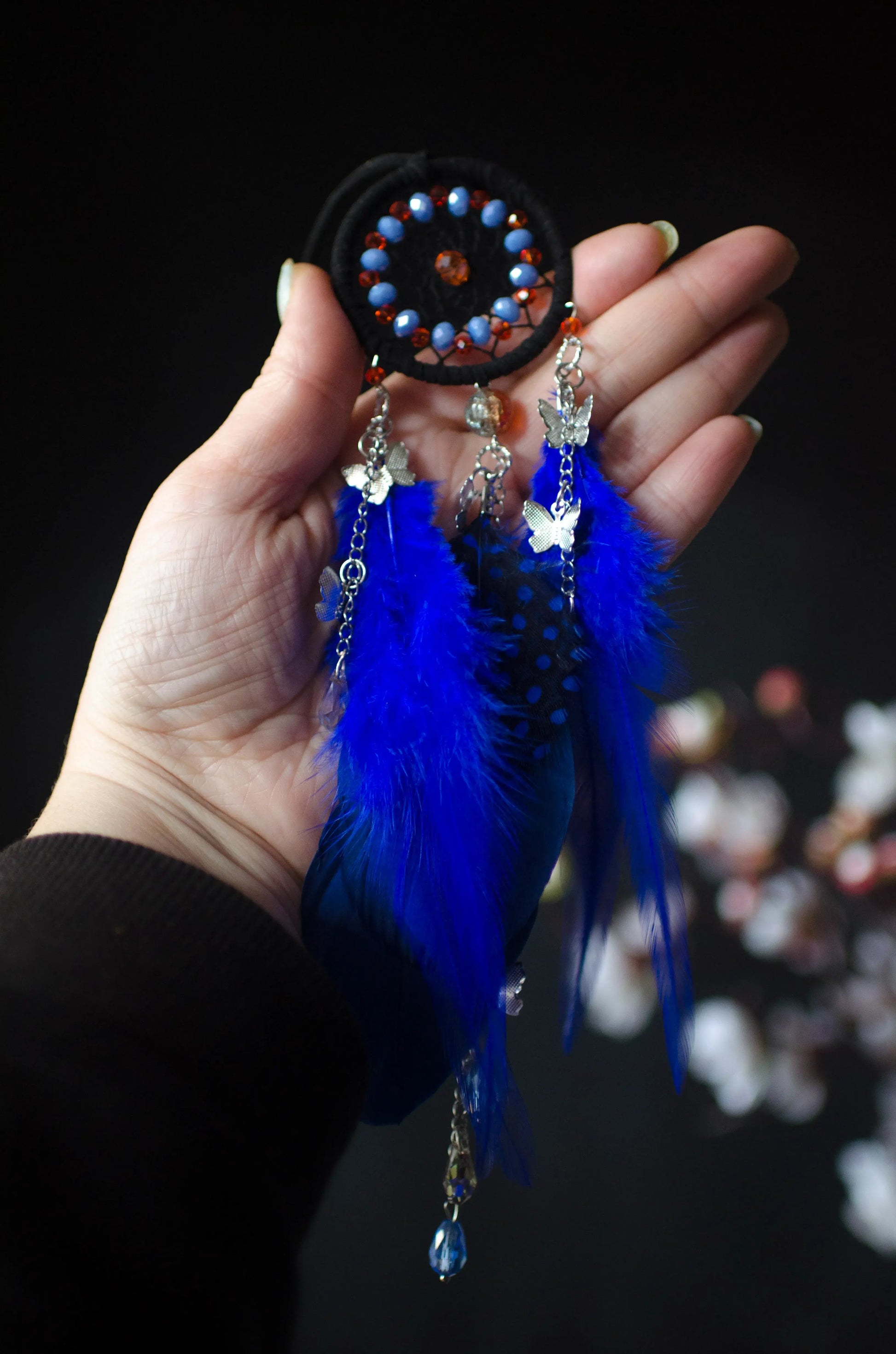 Blue Black Orange Dream Catcher with Butterfly Charms