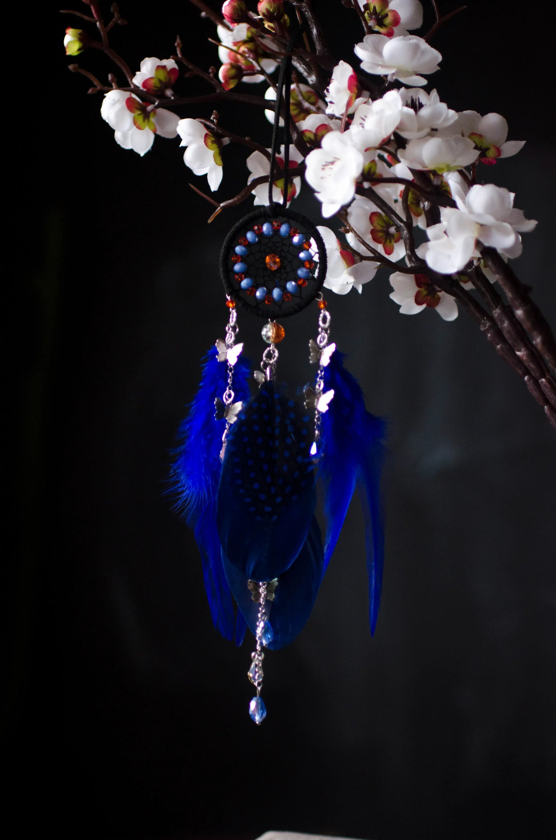 Blue Black Orange Dream Catcher with Butterfly Charms