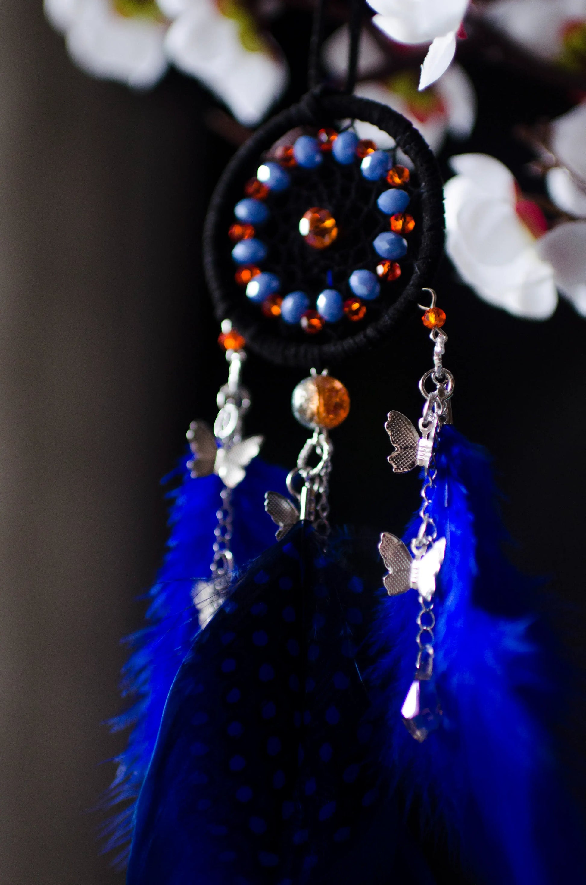 Blue Black Orange Dream Catcher with Butterfly Charms