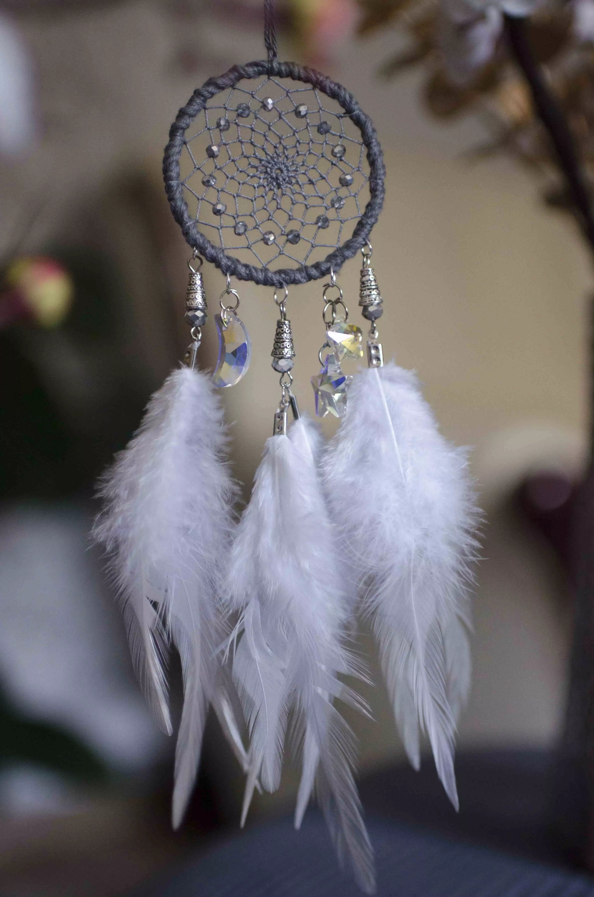 Handmade Small Gray Dreamcatcher Car Rearview Mirror Size | Moon and Star Car Hanger