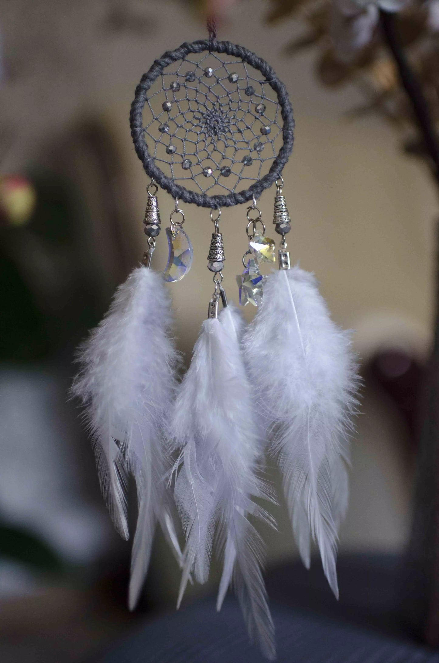 Handmade Small Gray Dreamcatcher Car Rearview Mirror Size | Moon and Star Car Hanger