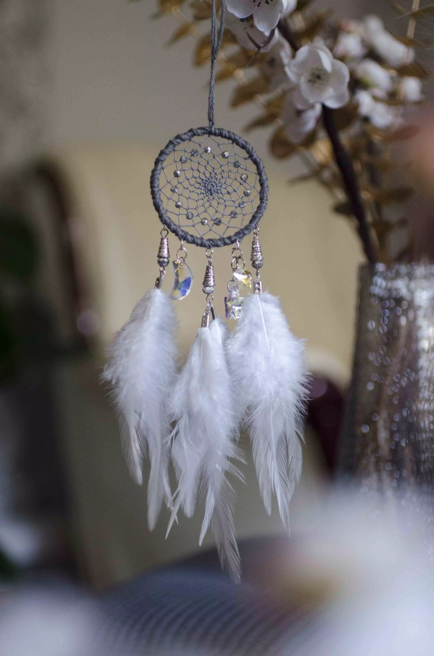 Handmade Small Gray Dreamcatcher Car Rearview Mirror Size | Moon and Star Car Hanger