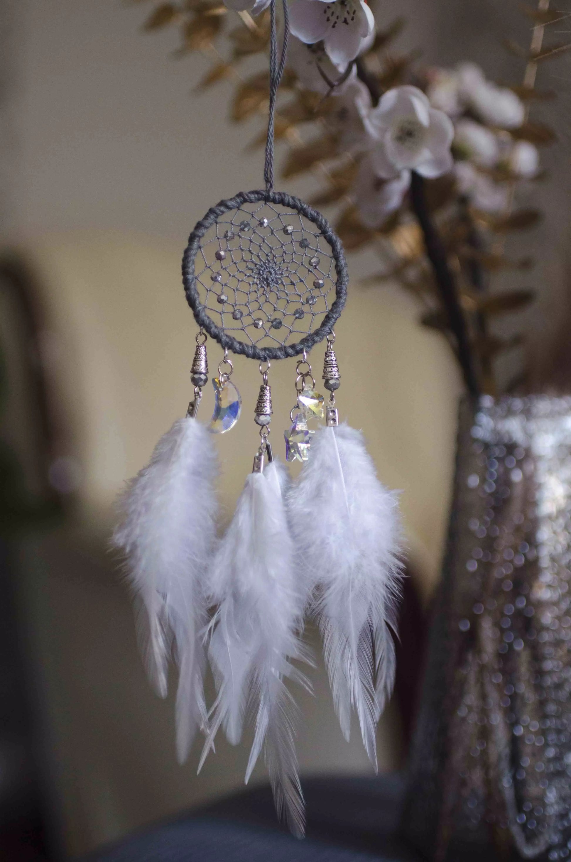 Handmade Small Gray Dreamcatcher Car Rearview Mirror Size | Moon and Star Car Hanger