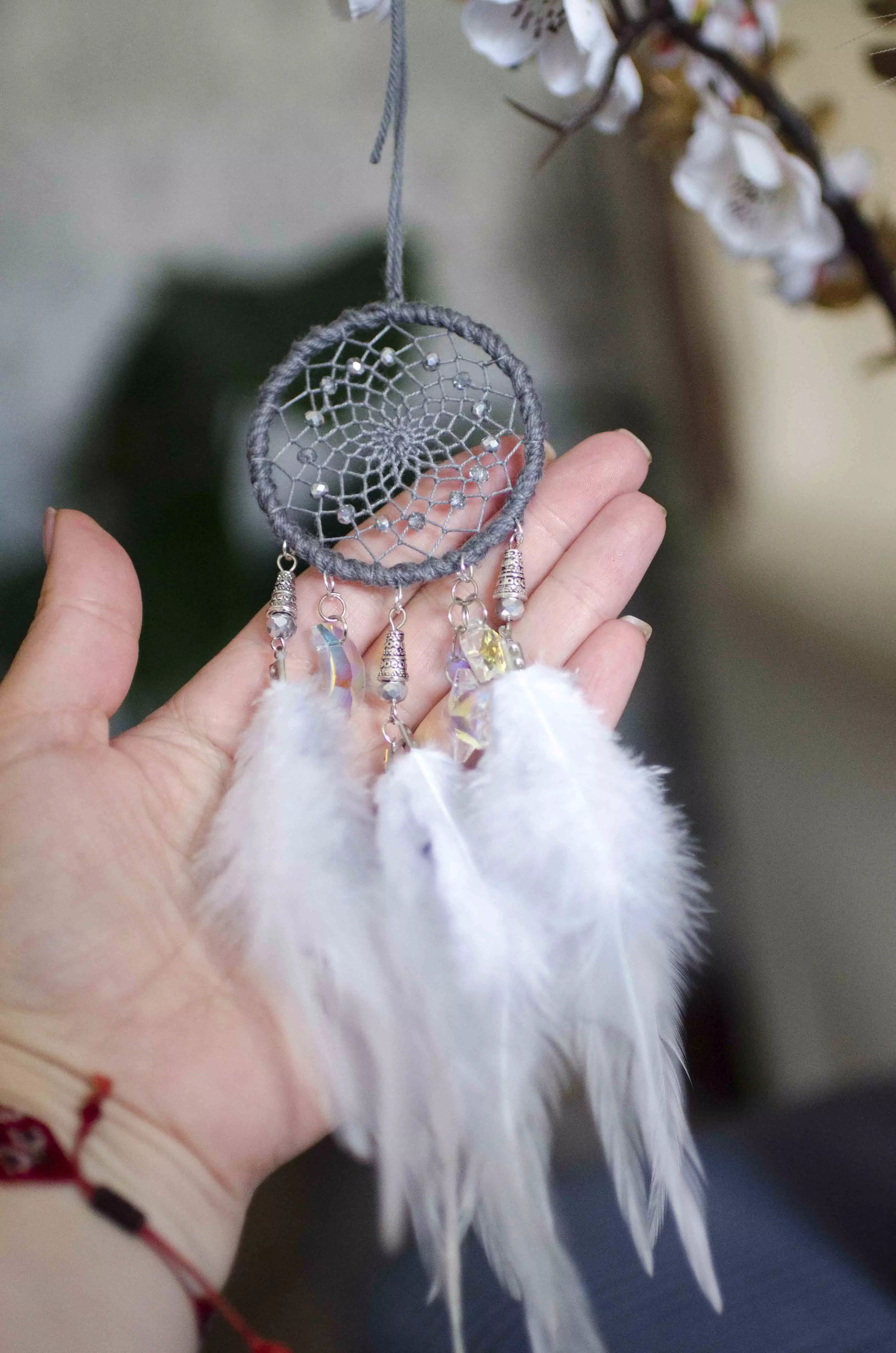 Handmade Small Gray Dreamcatcher Car Rearview Mirror Size | Moon and Star Car Hanger