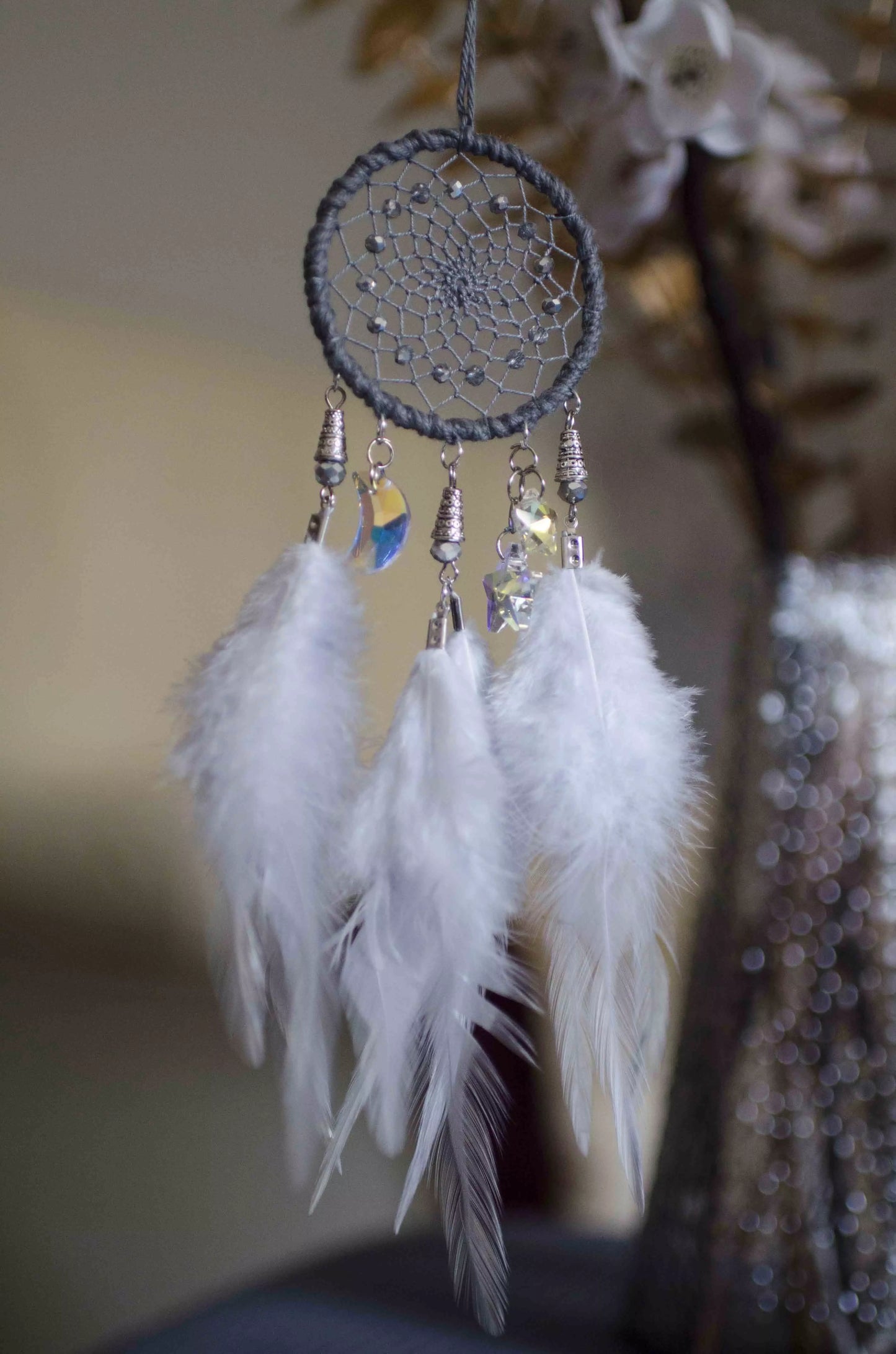 Handmade Small Gray Dreamcatcher Car Rearview Mirror Size | Moon and Star Car Hanger