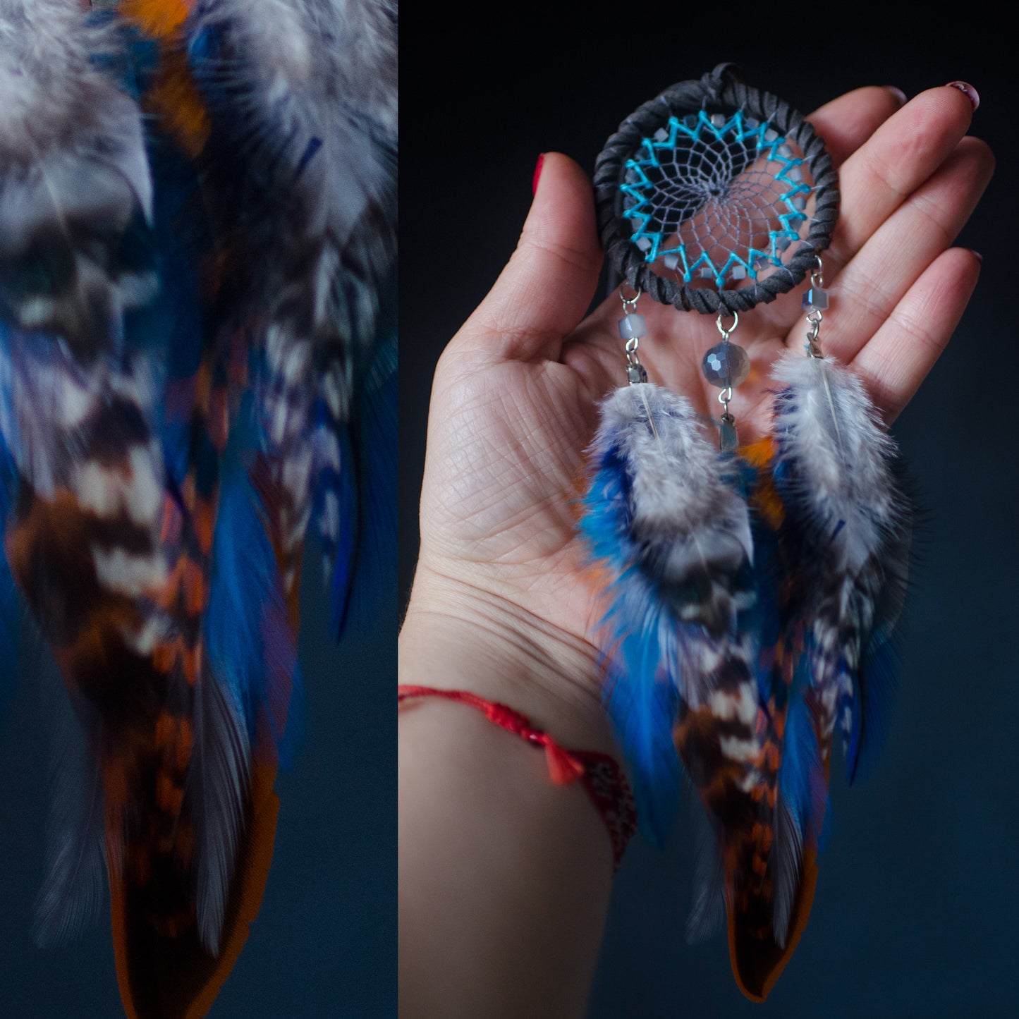 Small dreamcatcher for car in shades of gray, turquoise, blue, and orange. Features intricate webbing with a central turquoise bead, surrounded by feathers and beads in coordinating colors. Perfect for adding a touch of boho charm to your vehicle