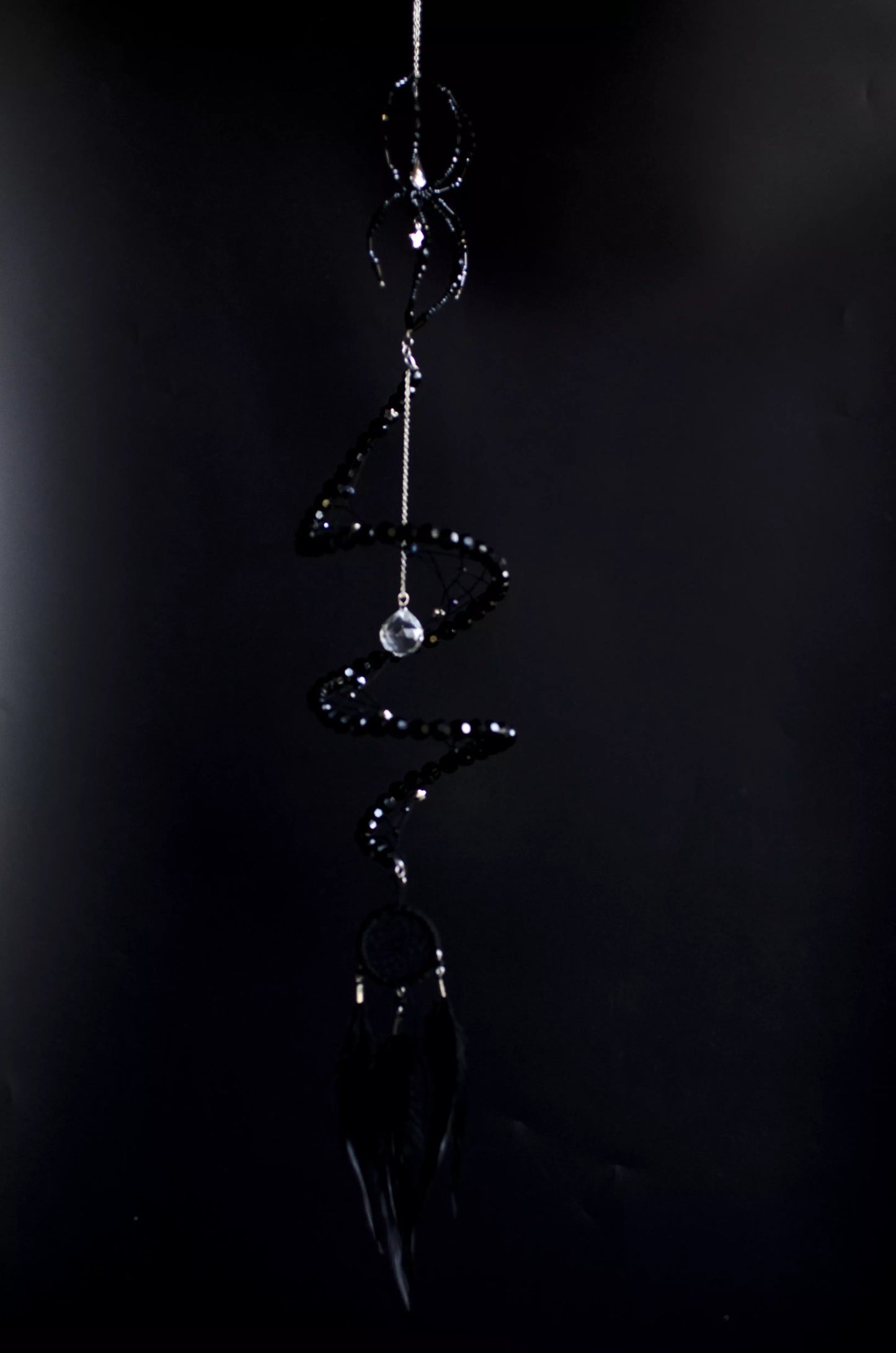 Black Widow Spider Dreamcatcher, Crystal Spiral Suncatcher, Witch Familiar Gothic Halloween Decor