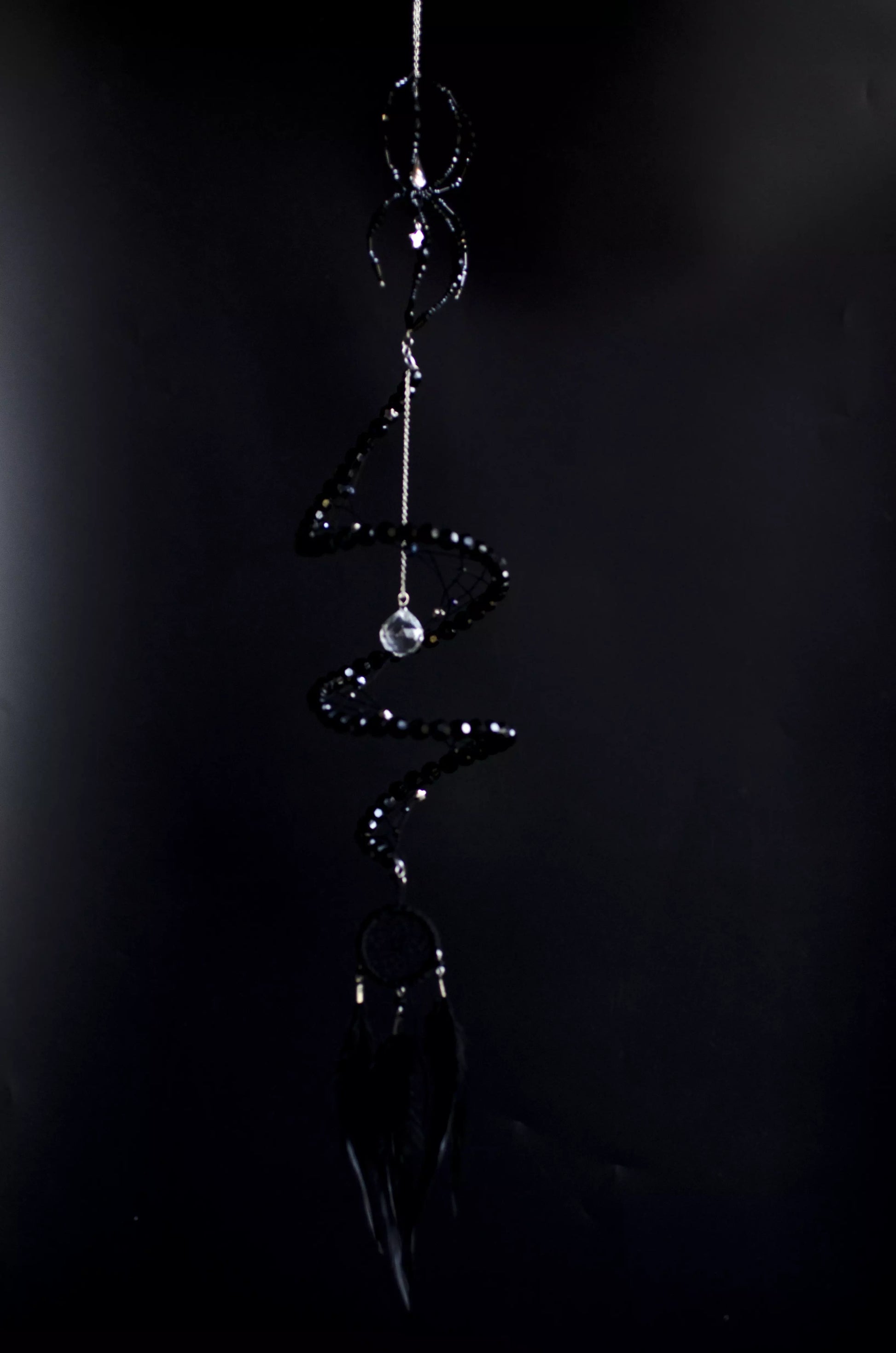 Black Widow Spider Dreamcatcher, Crystal Spiral Suncatcher, Witch Familiar Gothic Halloween Decor