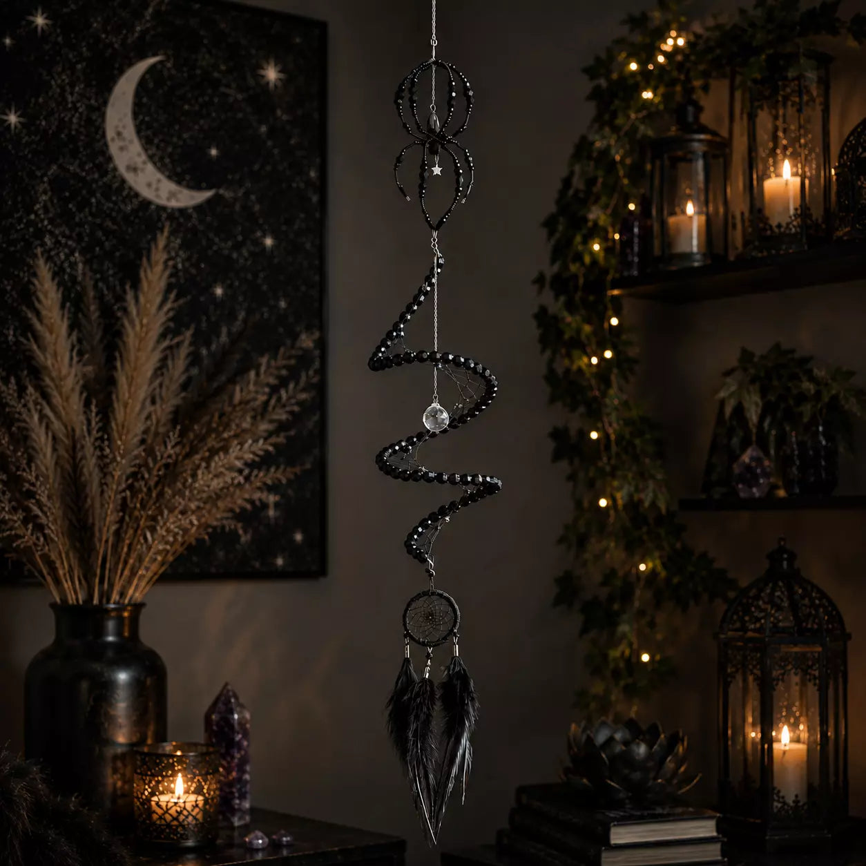 Black Widow Spider Dreamcatcher, Crystal Spiral Suncatcher, Witch Familiar Gothic Halloween Decor