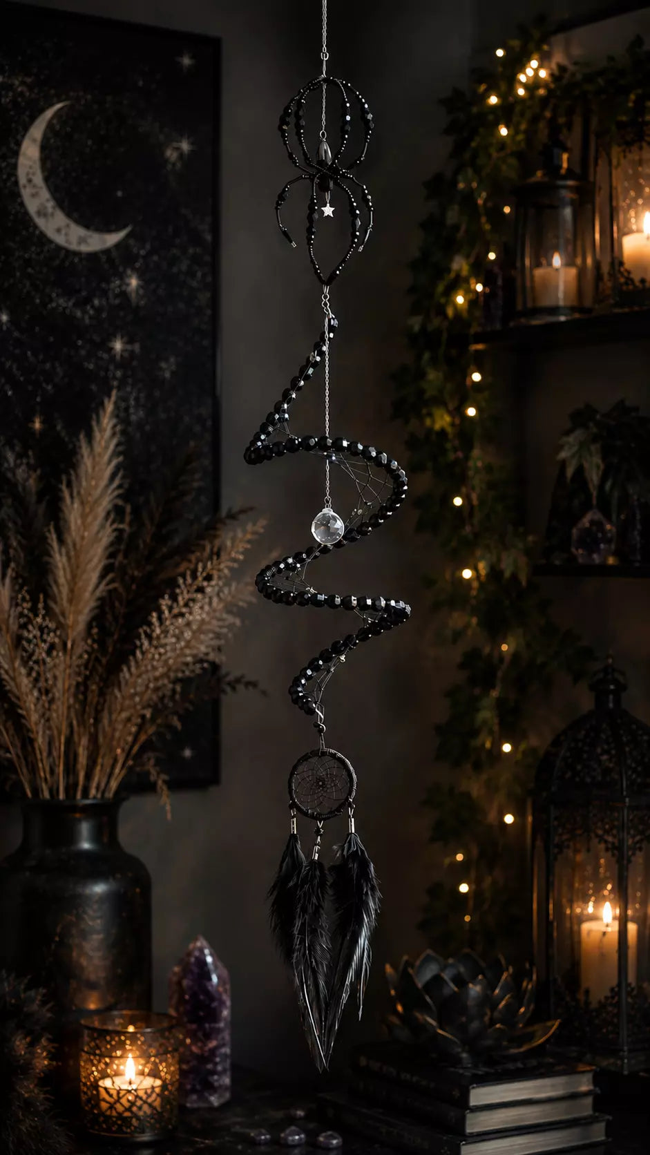 Black Widow Spider Dreamcatcher, Crystal Spiral Suncatcher, Witch Familiar Gothic Halloween Decor