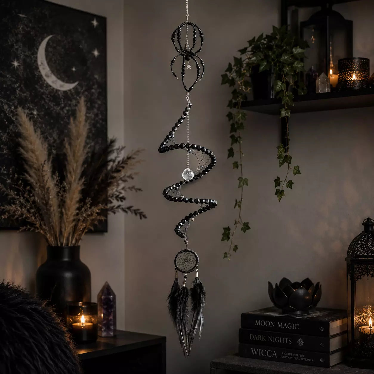 Black Widow Spider Dreamcatcher, Crystal Spiral Suncatcher, Witch Familiar Gothic Halloween Decor