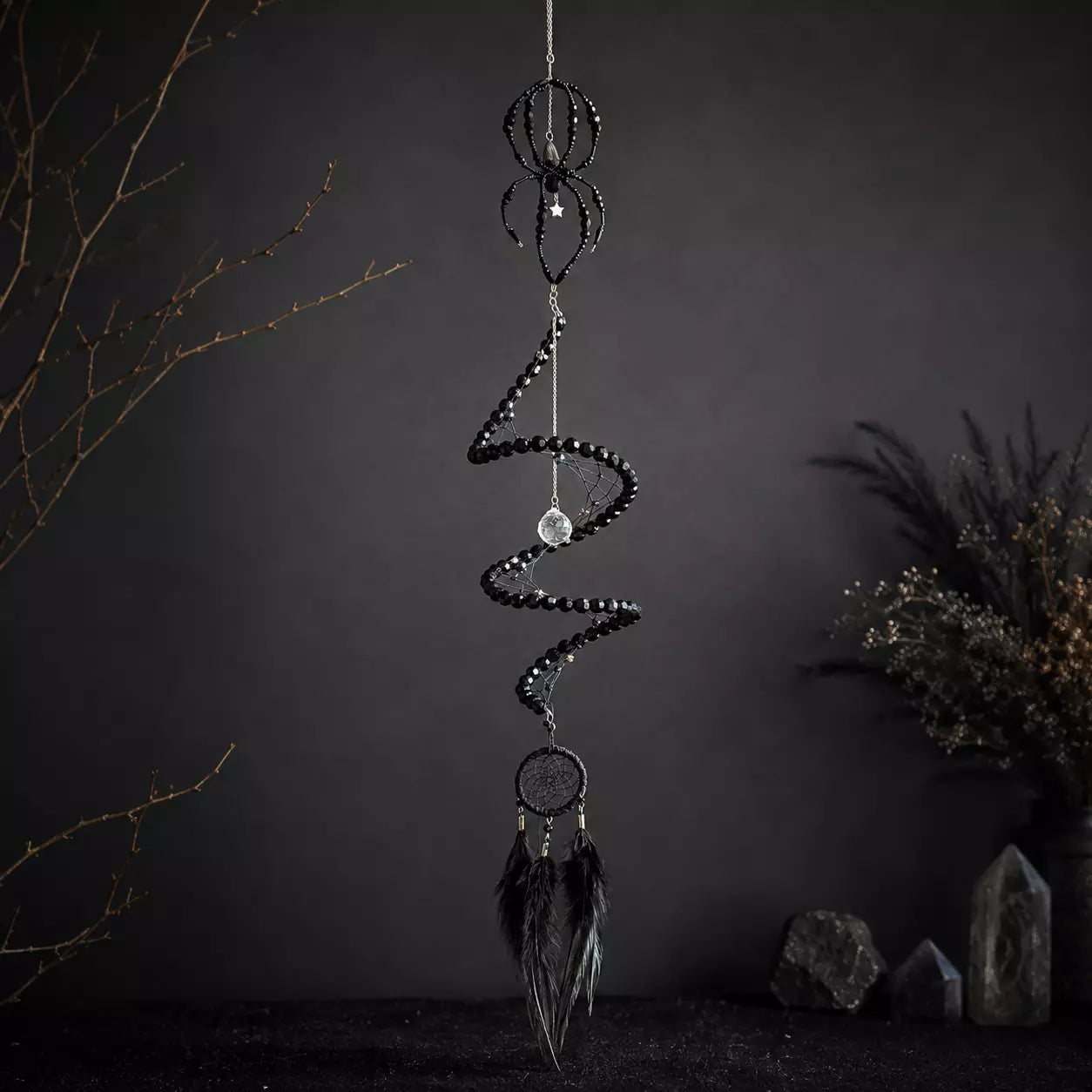 Black Widow Spider Dreamcatcher, Crystal Spiral Suncatcher, Witch Familiar Gothic Halloween Decor