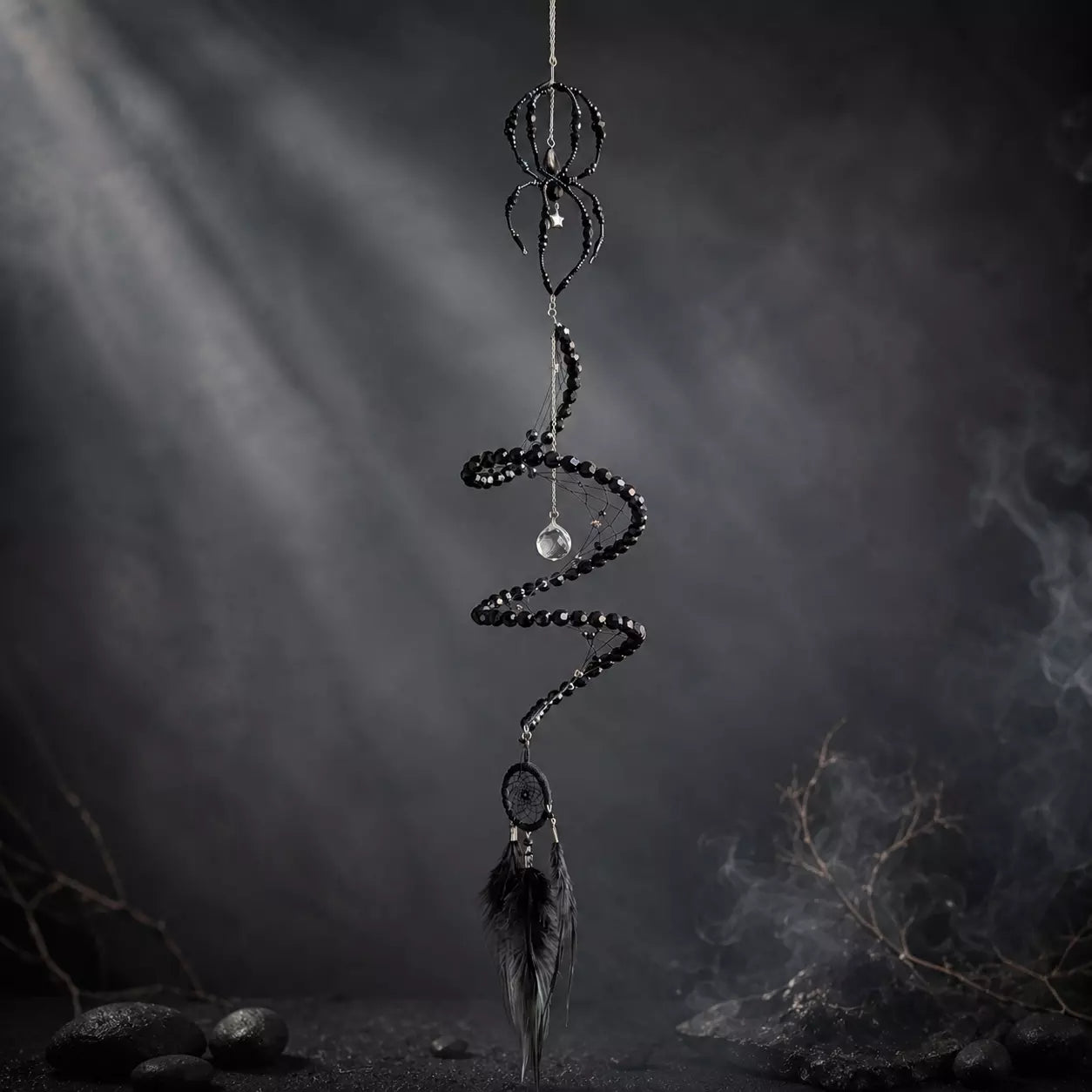 Black Widow Spider Dreamcatcher, Crystal Spiral Suncatcher, Witch Familiar Gothic Halloween Decor
