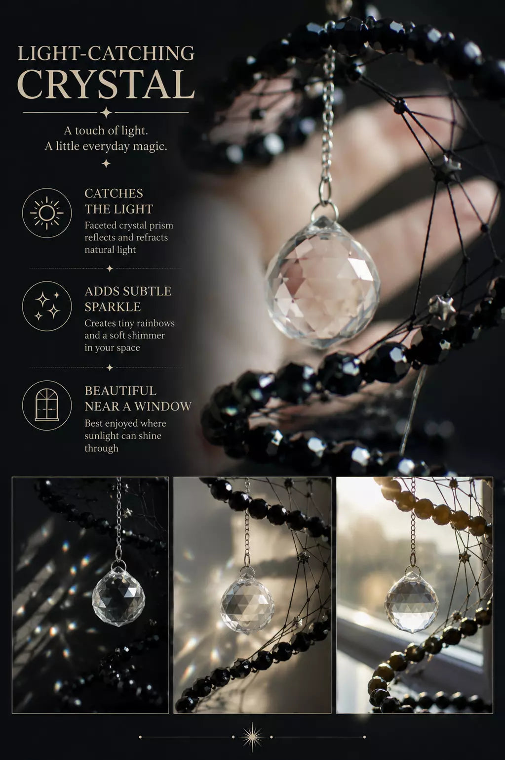 Black Widow Spider Dreamcatcher, Crystal Spiral Suncatcher, Witch Familiar Gothic Halloween Decor