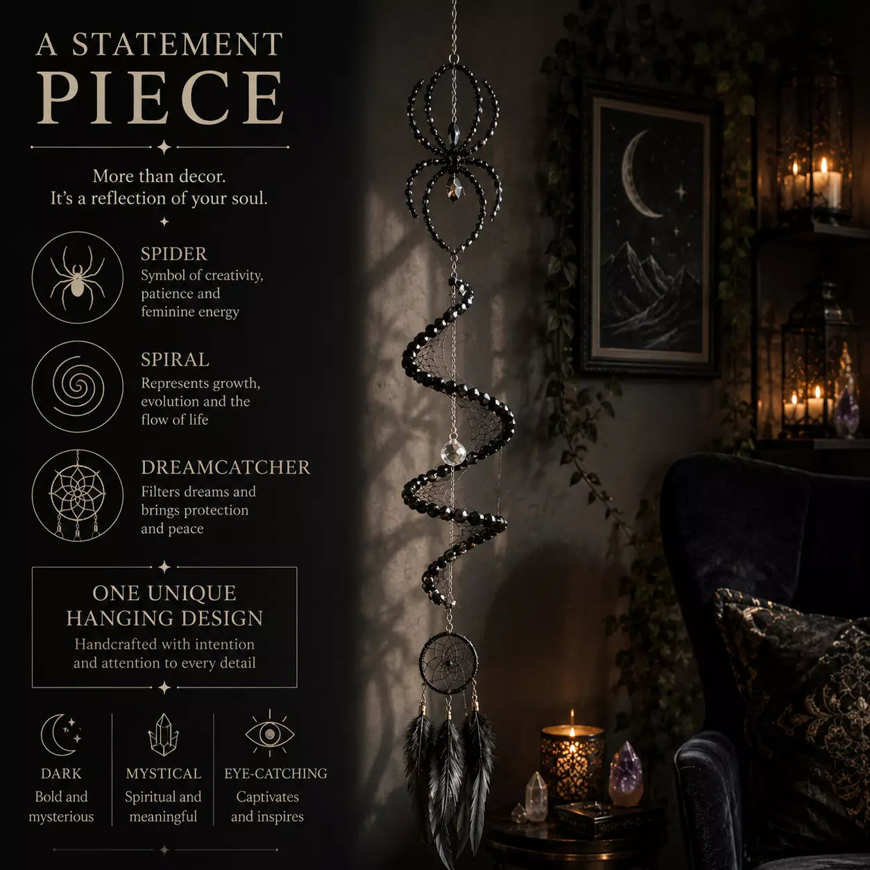 Black Widow Spider Dreamcatcher, Crystal Spiral Suncatcher, Witch Familiar Gothic Halloween Decor