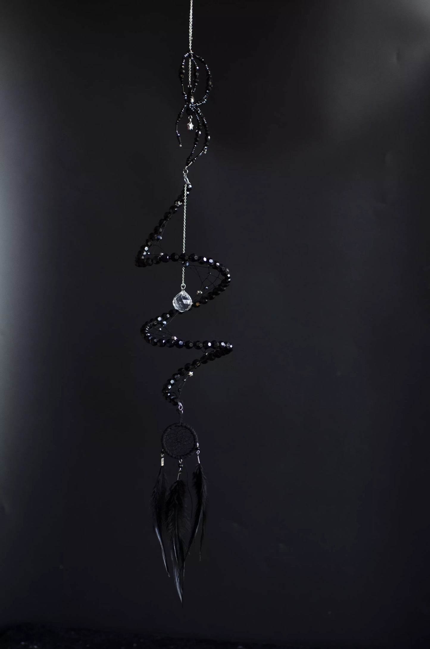 Black Widow Spider Dreamcatcher, Crystal Spiral Suncatcher, Witch Familiar Gothic Halloween Decor