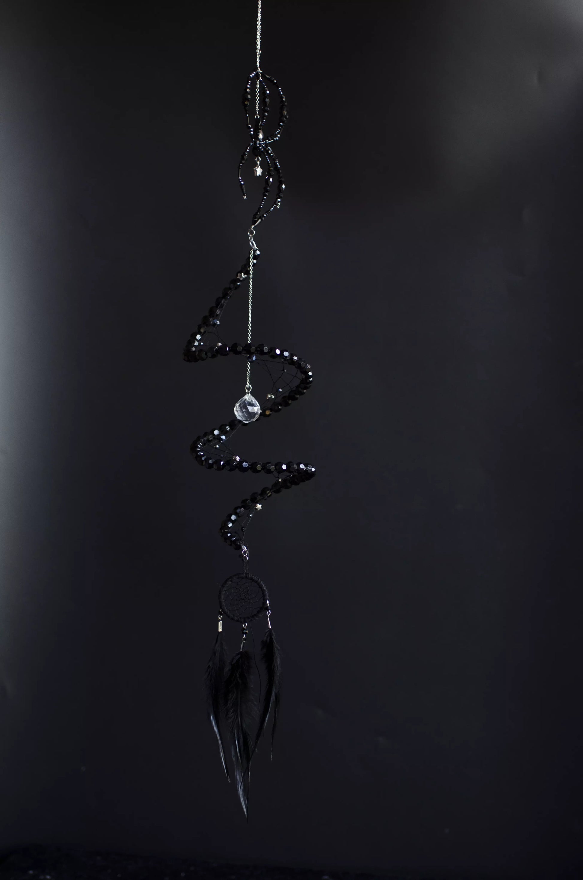 Black Widow Spider Dreamcatcher, Crystal Spiral Suncatcher, Witch Familiar Gothic Halloween Decor