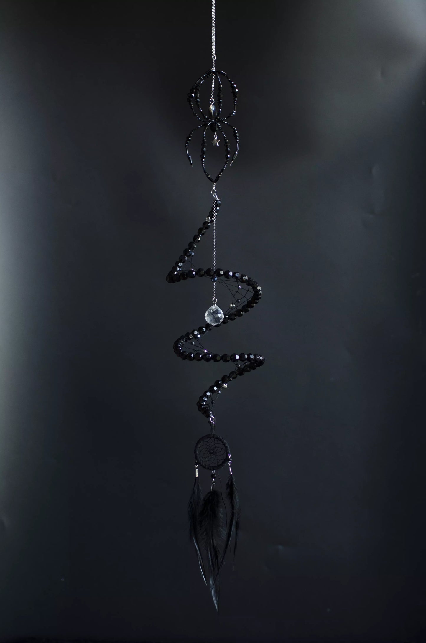 Black Widow Spider Dreamcatcher, Crystal Spiral Suncatcher, Witch Familiar Gothic Halloween Decor