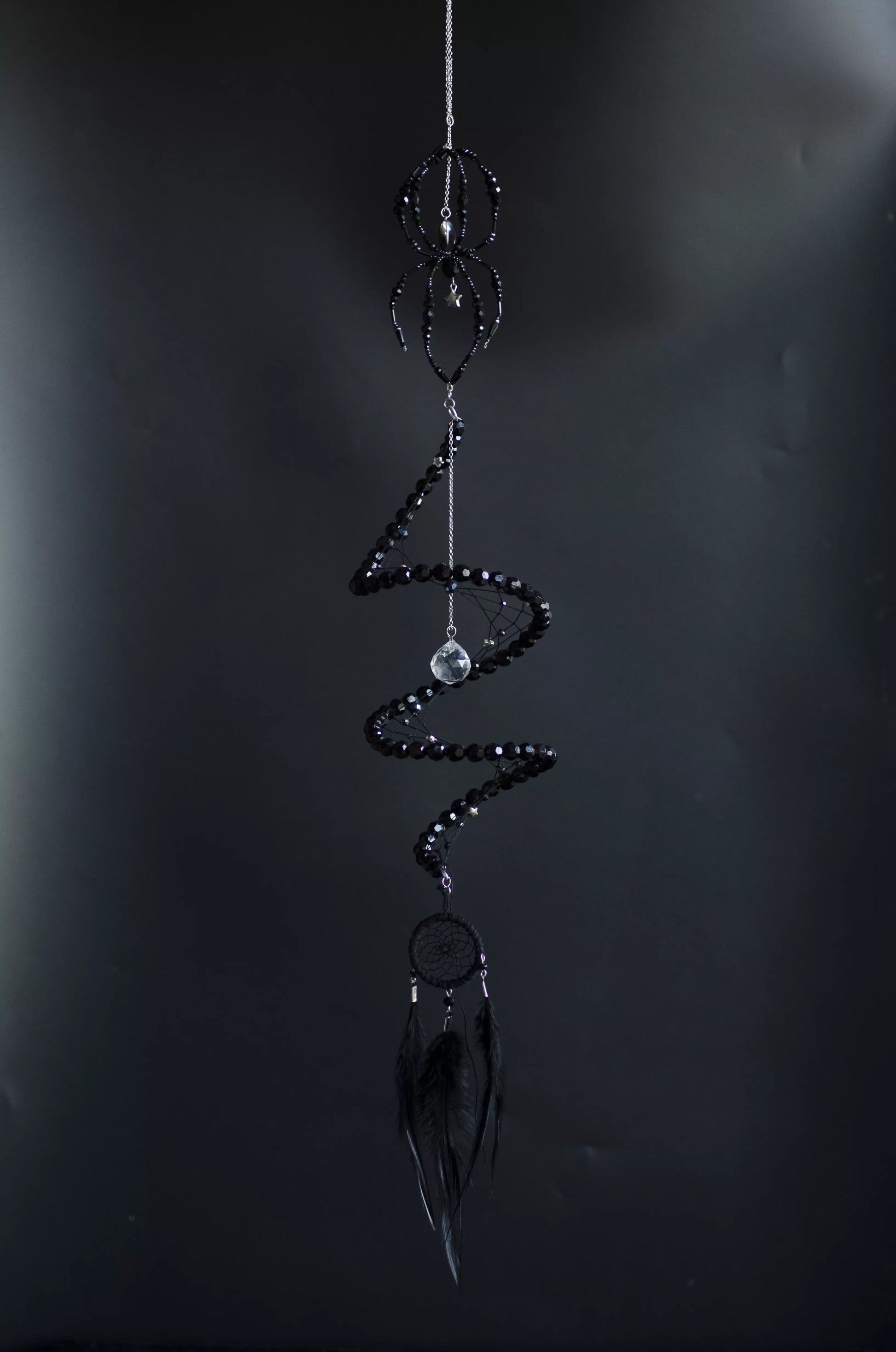 Black Widow Spider Dreamcatcher, Crystal Spiral Suncatcher, Witch Familiar Gothic Halloween Decor