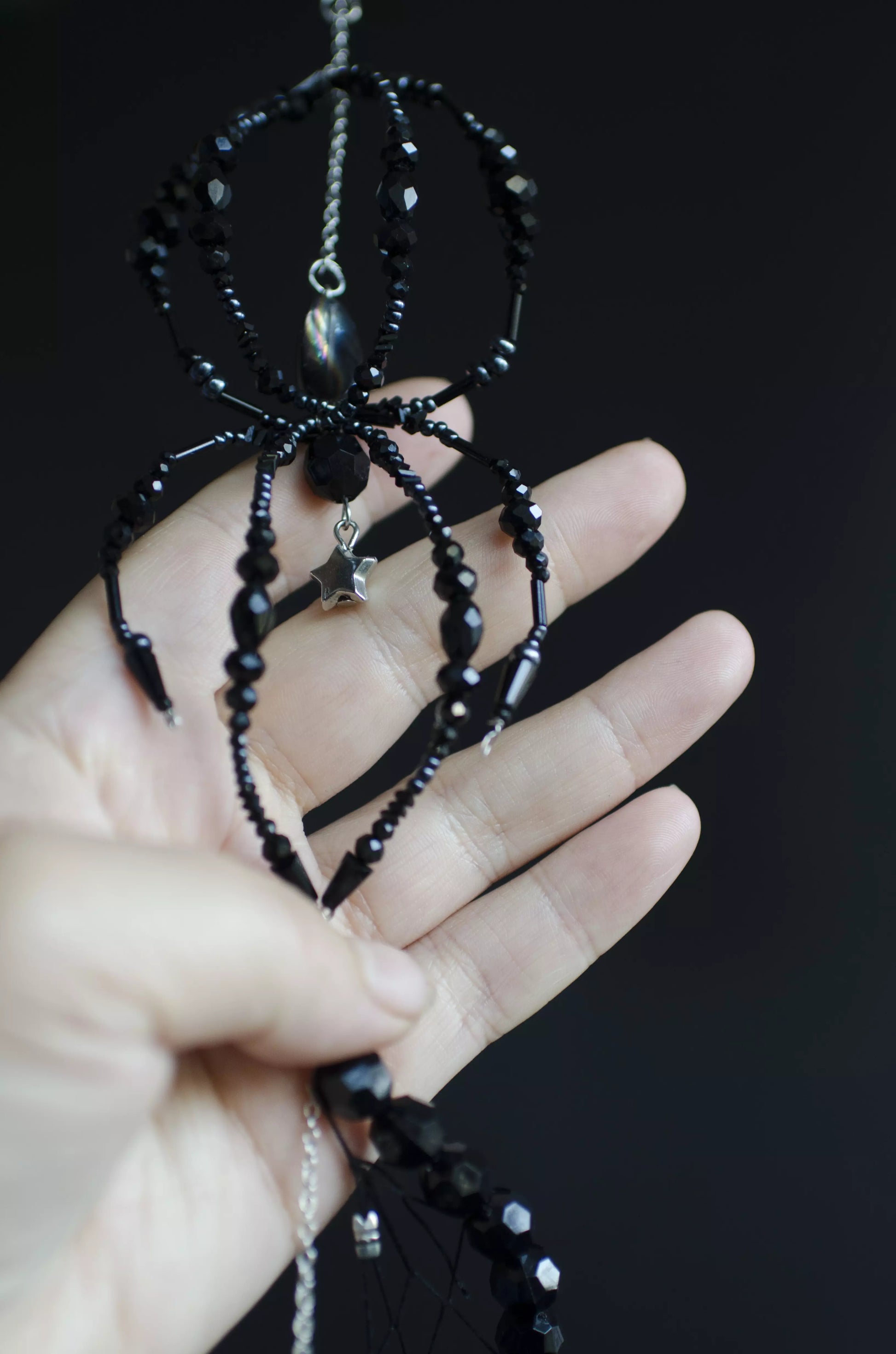 Black Widow Spider Dreamcatcher, Crystal Spiral Suncatcher, Witch Familiar Gothic Halloween Decor