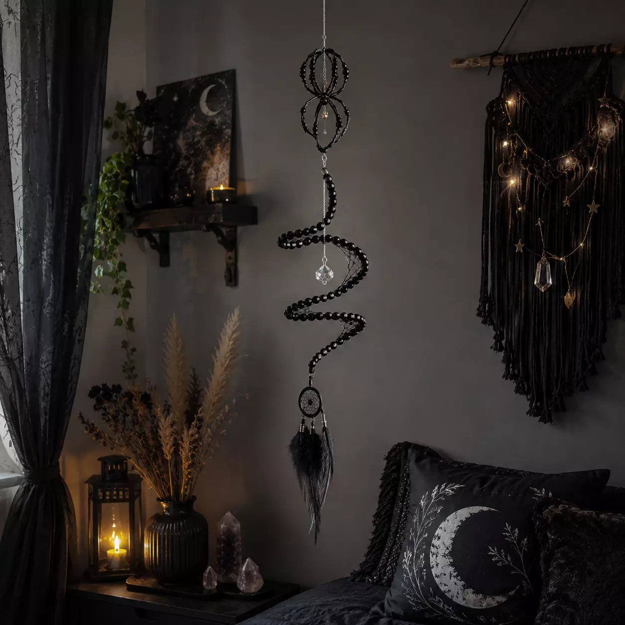 Black Widow Spider Dreamcatcher, Crystal Spiral Suncatcher, Witch Familiar Gothic Halloween Decor