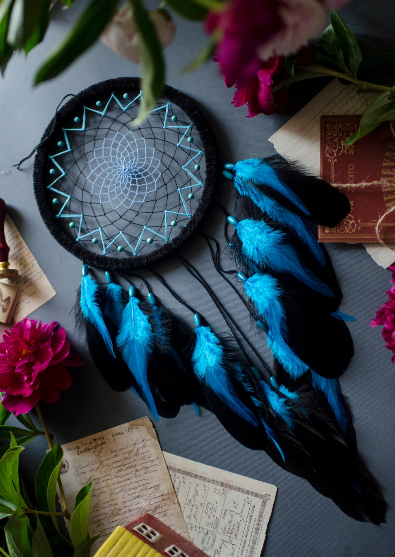 Handmade Black and Blue Dream Catcher with Turquoise