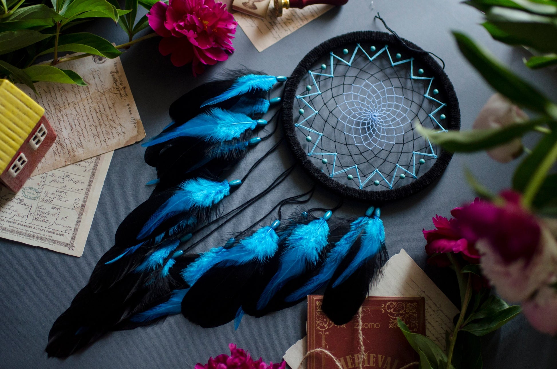 Handmade Black and Blue Dream Catcher with Turquoise