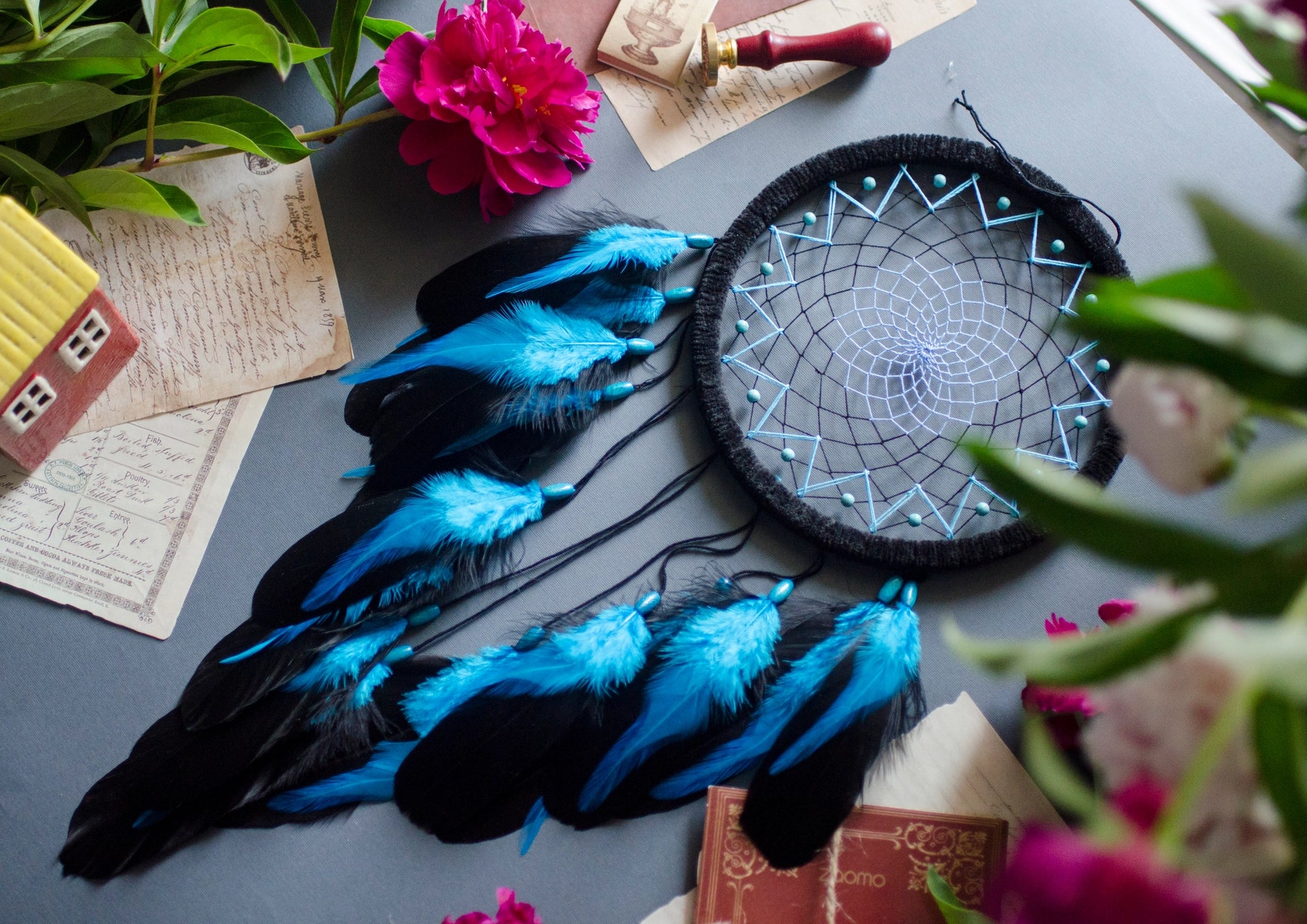 Handmade Black and Blue Dream Catcher with Turquoise