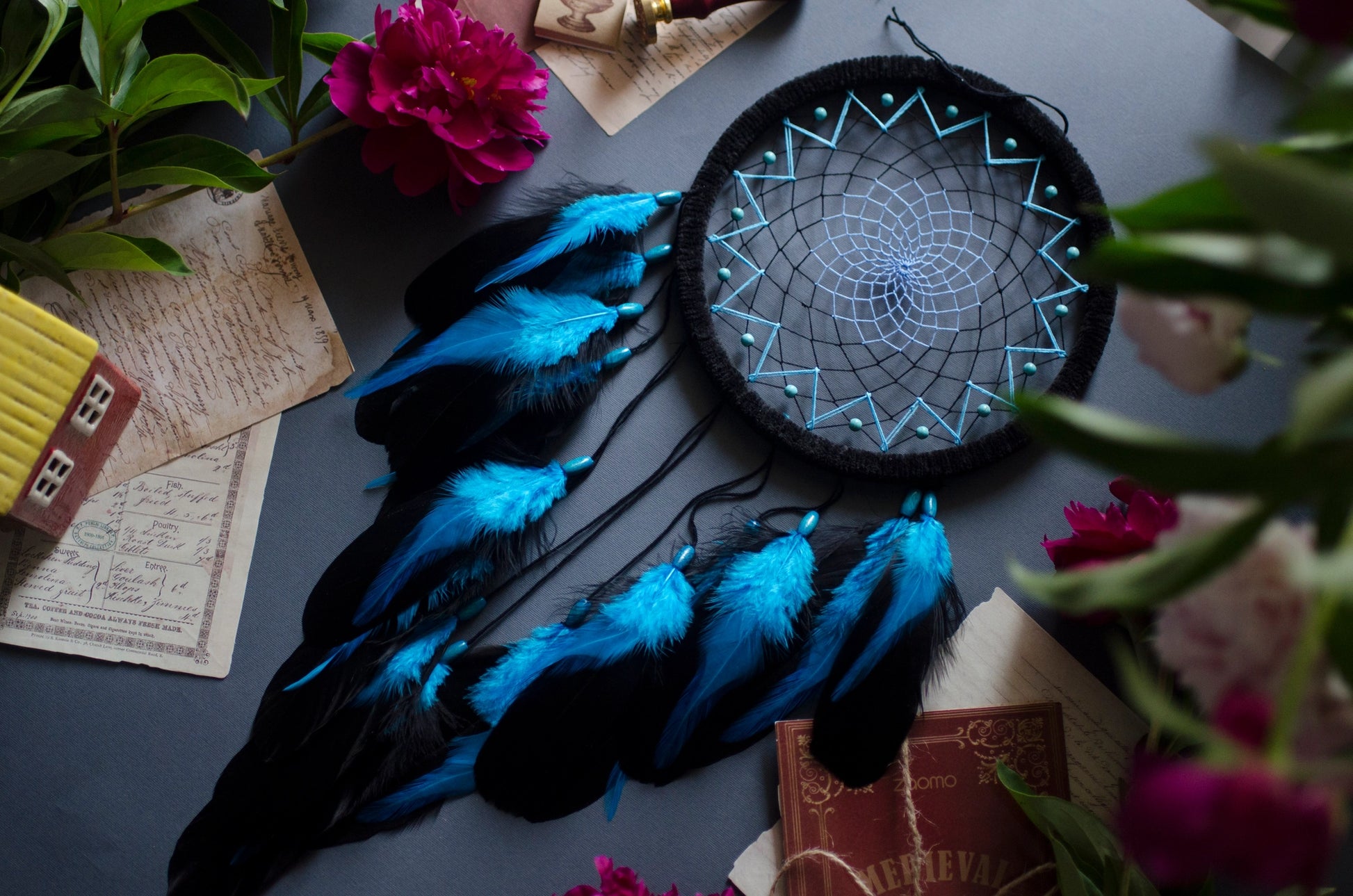 Handmade Black and Blue Dream Catcher with Turquoise