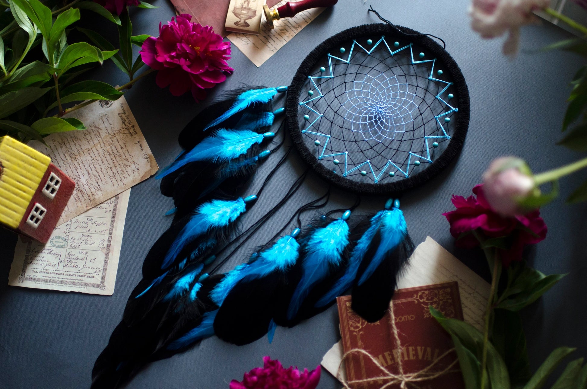 Handmade Black and Blue Dream Catcher with Turquoise