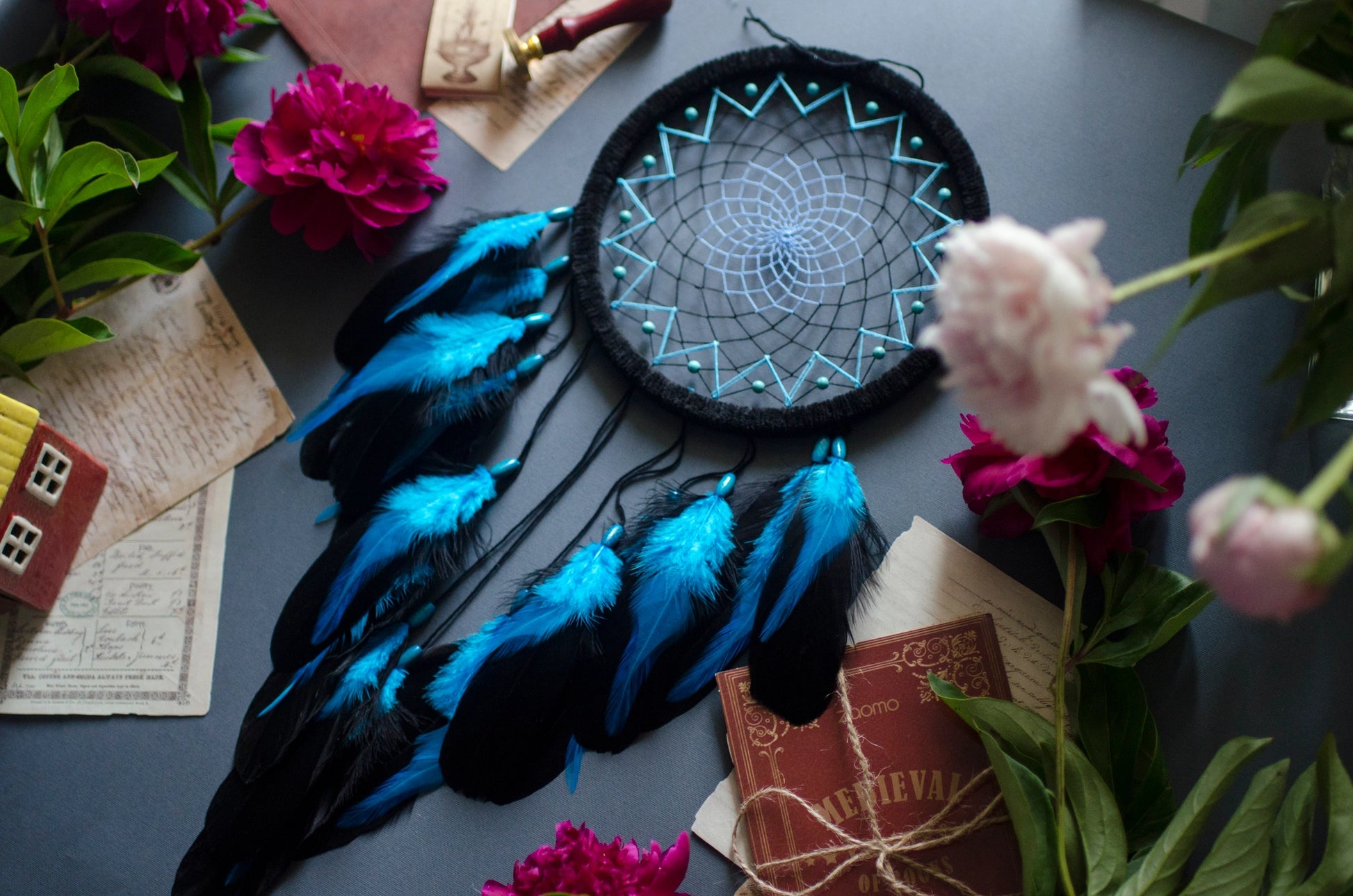 Handmade Black and Blue Dream Catcher with Turquoise