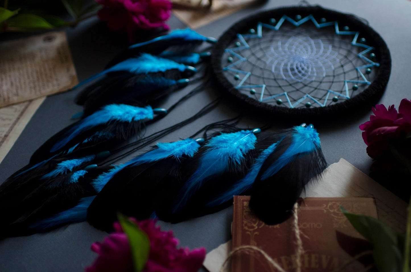 Handmade Black and Blue Dream Catcher with Turquoise