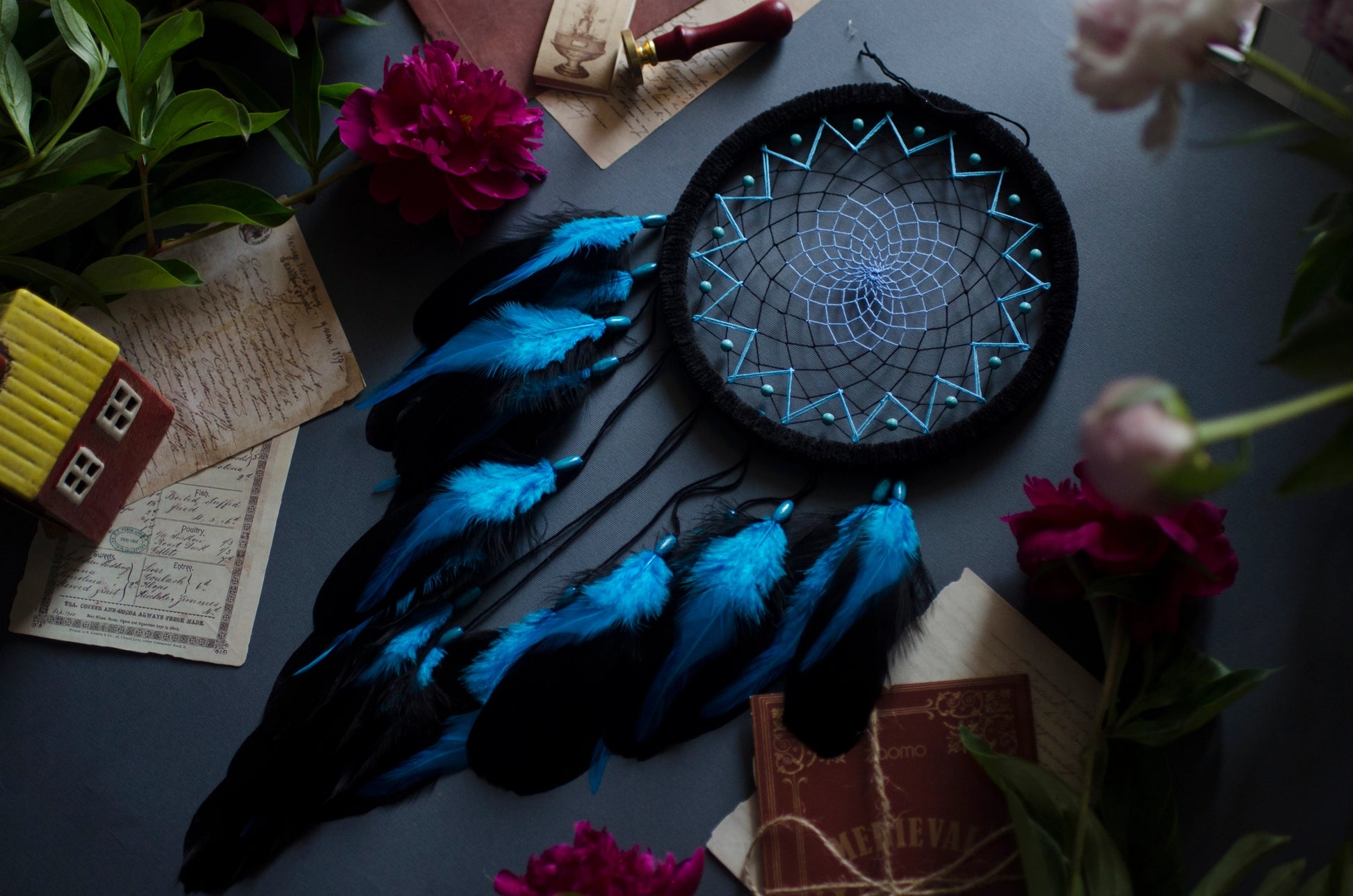 Handmade Black and Blue Dream Catcher with Turquoise