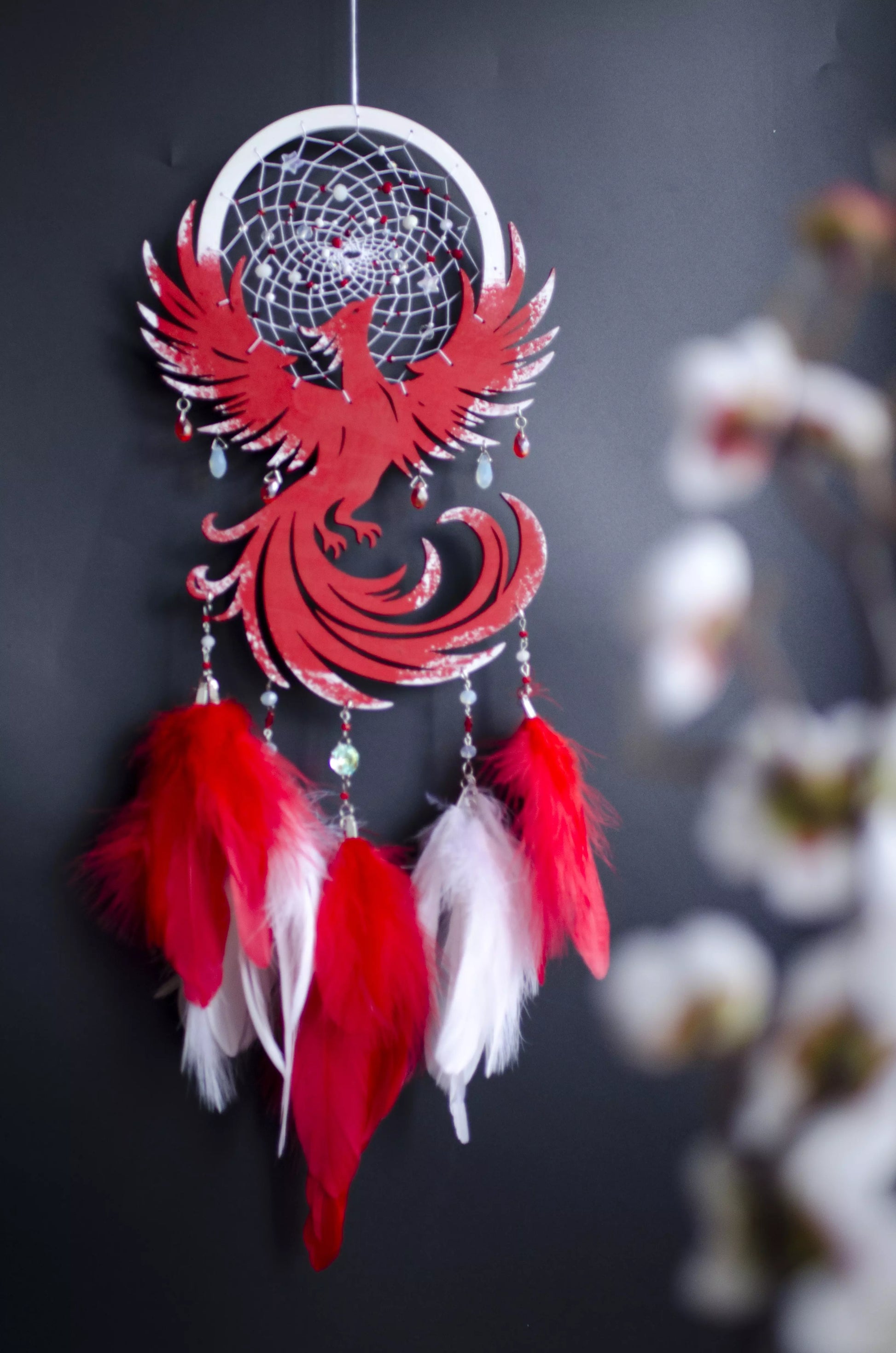 Phoenix Dreamcatcher – Handcrafted Symbol of Rebirth and Strength | Boho Wall Hanging with Blue and Orange Feathers