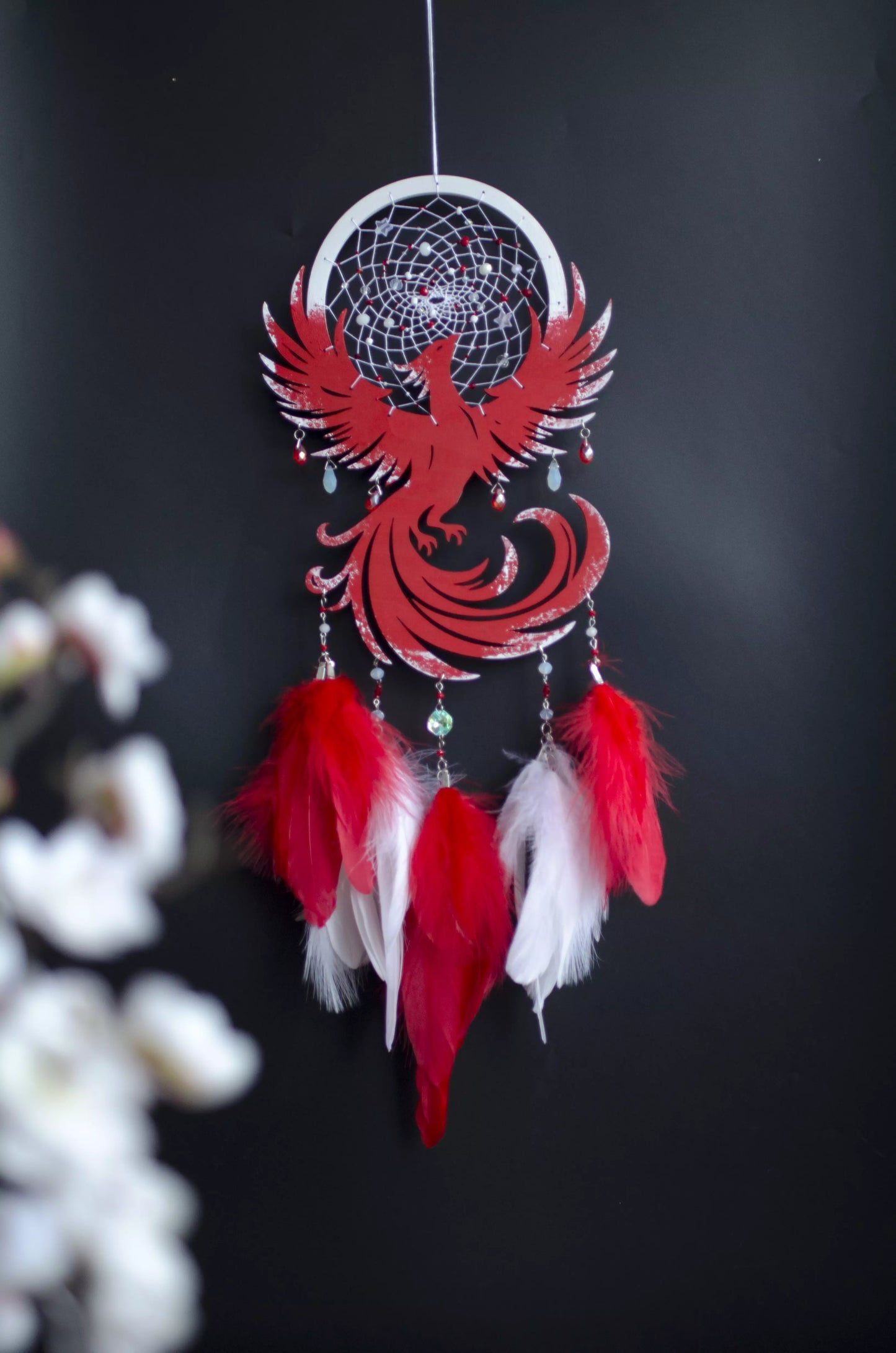 Phoenix Dreamcatcher – Handcrafted Symbol of Rebirth and Strength | Boho Wall Hanging with Blue and Orange Feathers