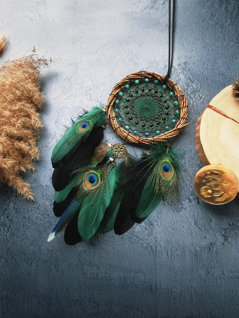 Handcrafted Natural Willow Dreamcatcher with Peacock Feathers